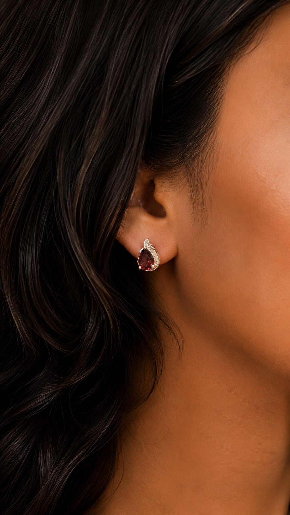 Pear Shape Stud 925 Sterling Silver Earrings with Garnet Studded