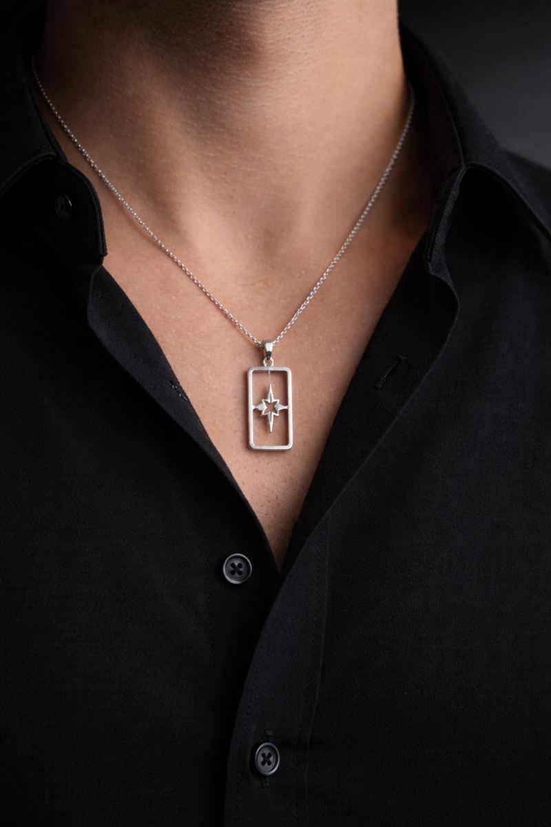 Compass dog tag 925 sterling silver unisex pendant with chain