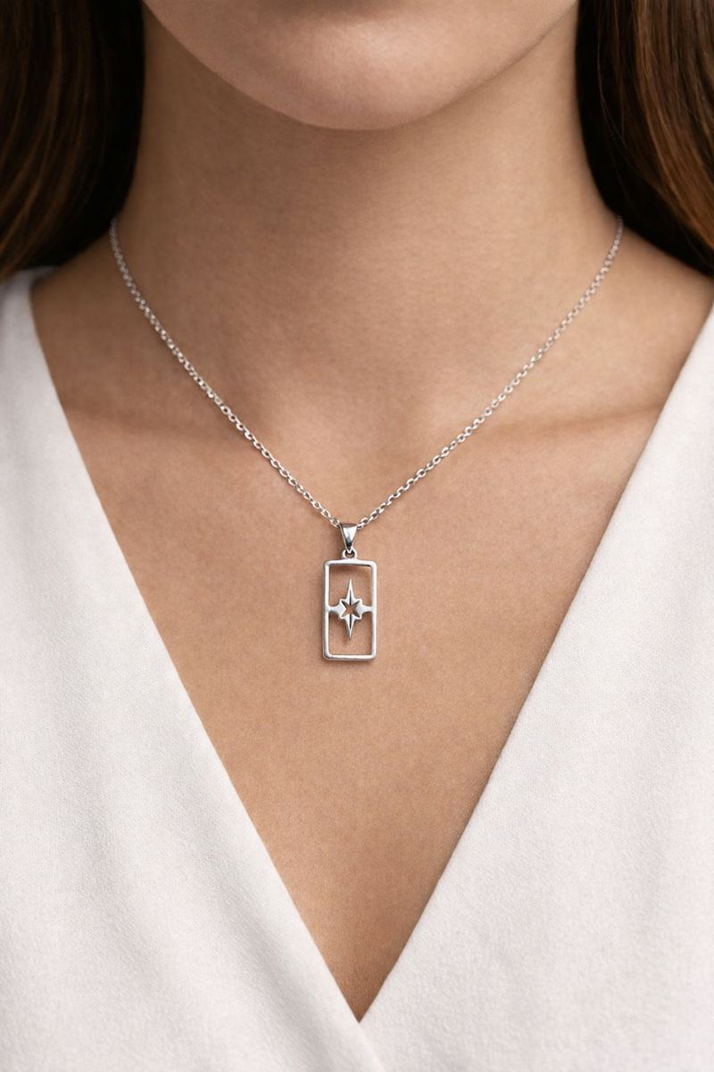 Compass dog tag 925 sterling silver unisex pendant with chain