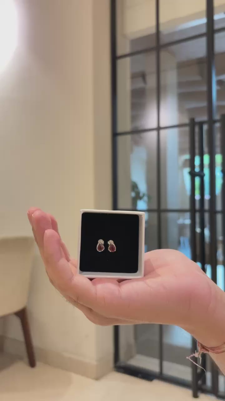 Pear Shape Stud 925 Sterling Silver Earrings with Garnet Studded